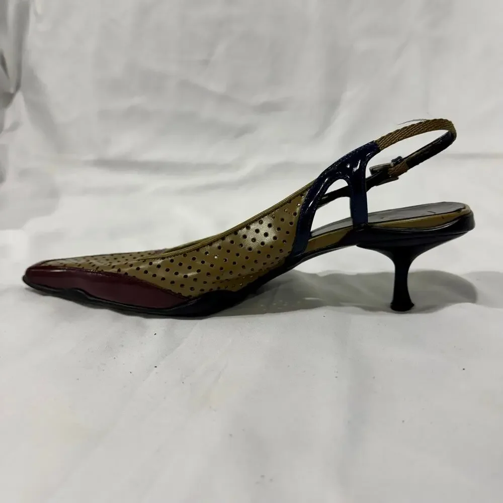 Vintage Prada Y2K Perforated Leather Slingback Kitten Heel 38.5 SINGLE SHOE